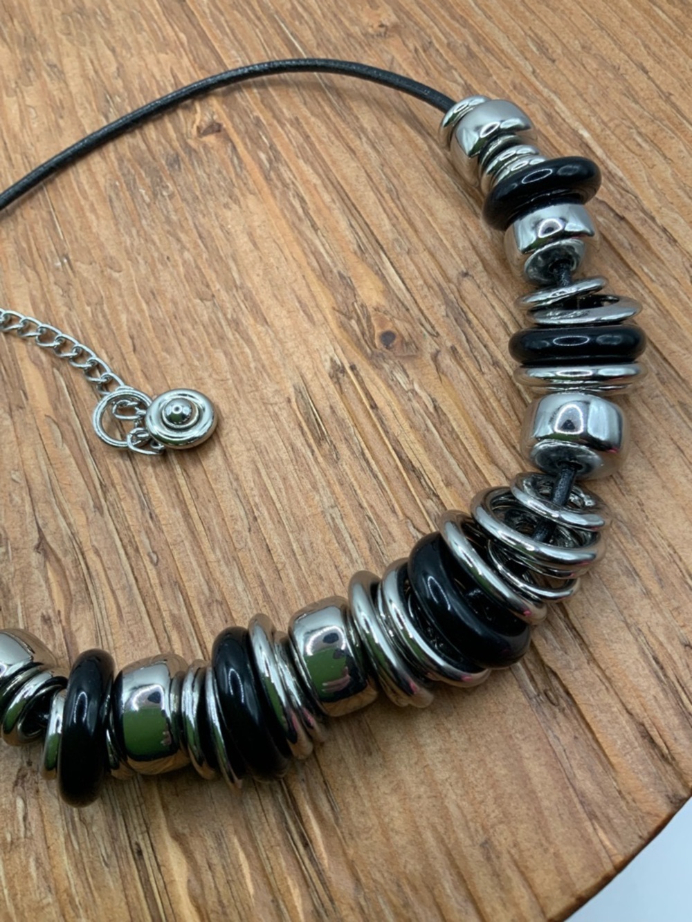 Chico's Chunky Black Silver Tone Ring Beads Leather Cord Necklace